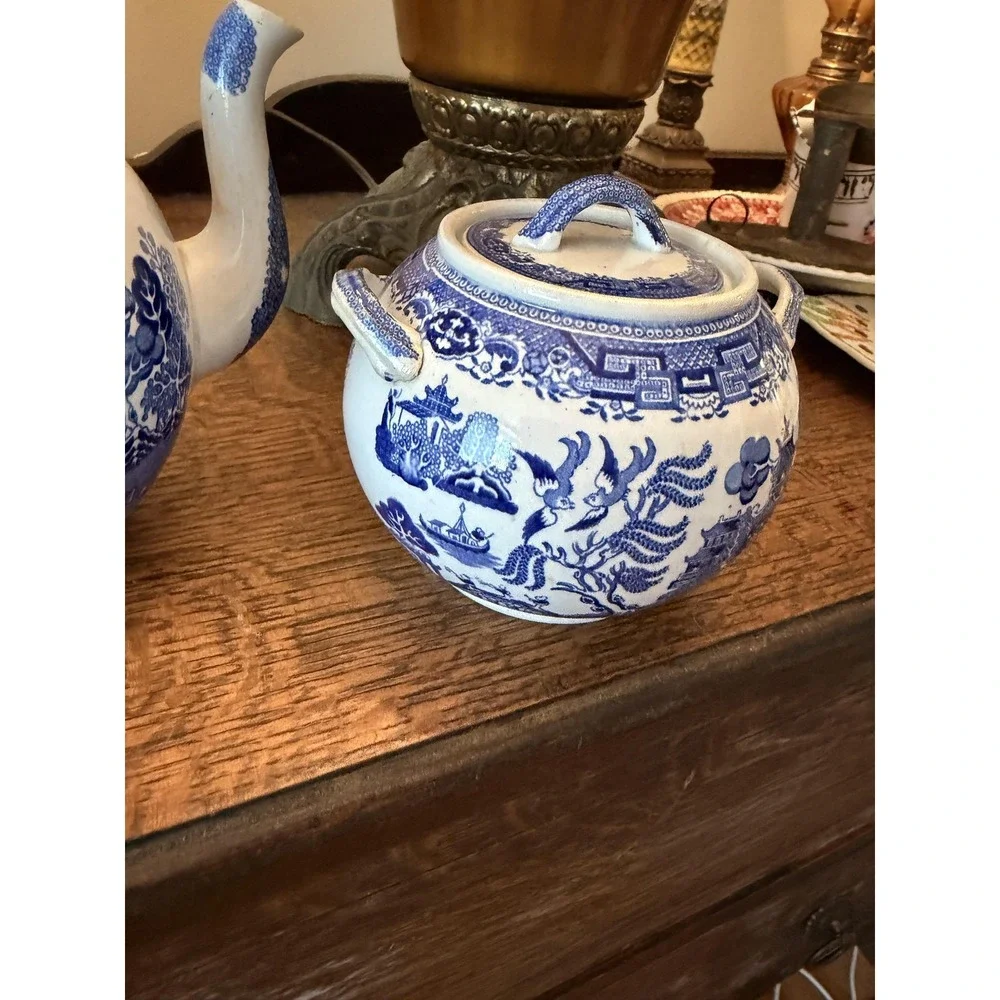 Vintage Old Hall Blue Willow Teapot & Sugar Bowl Set Staffordshire England